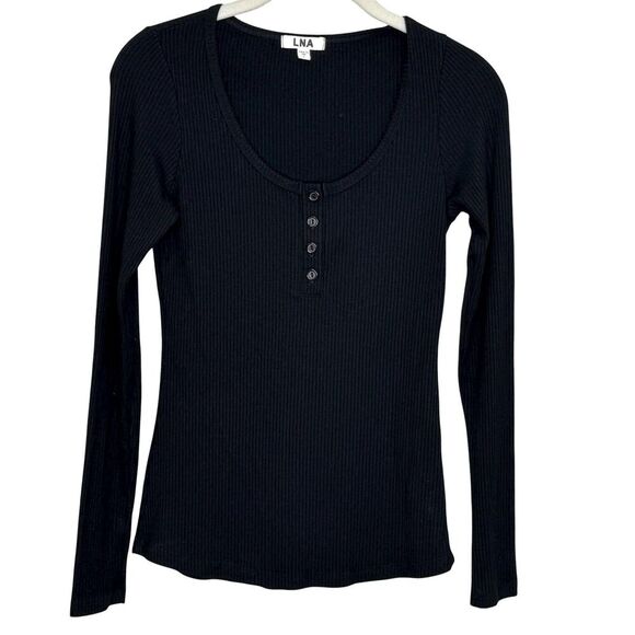 LNA Shirt Womens Small Black Ribbed Long Sleeve Henley Scoop Neck Modal Made USA - Picture 1 of 6